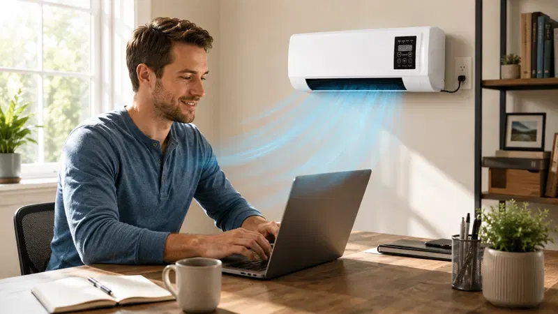 Close-up of a sleek white air purifier with a glowing LED display.