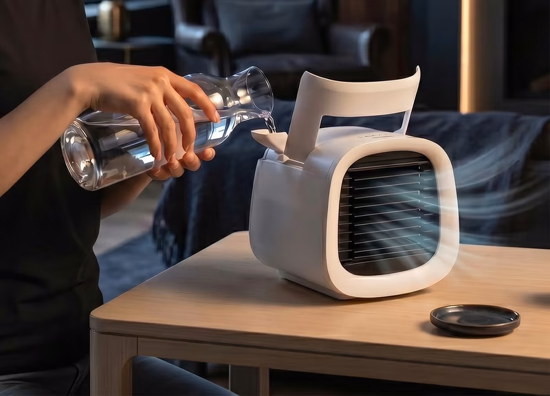 A detailed close-up revealing the modern design and compact build of the evaCHILL personal air cooler.