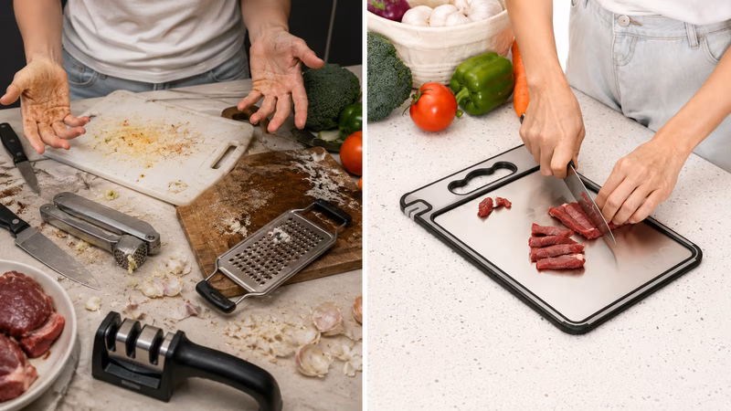 Frustrated home cook scrubbing a burnt, stuck-on pan in the kitchen sink.